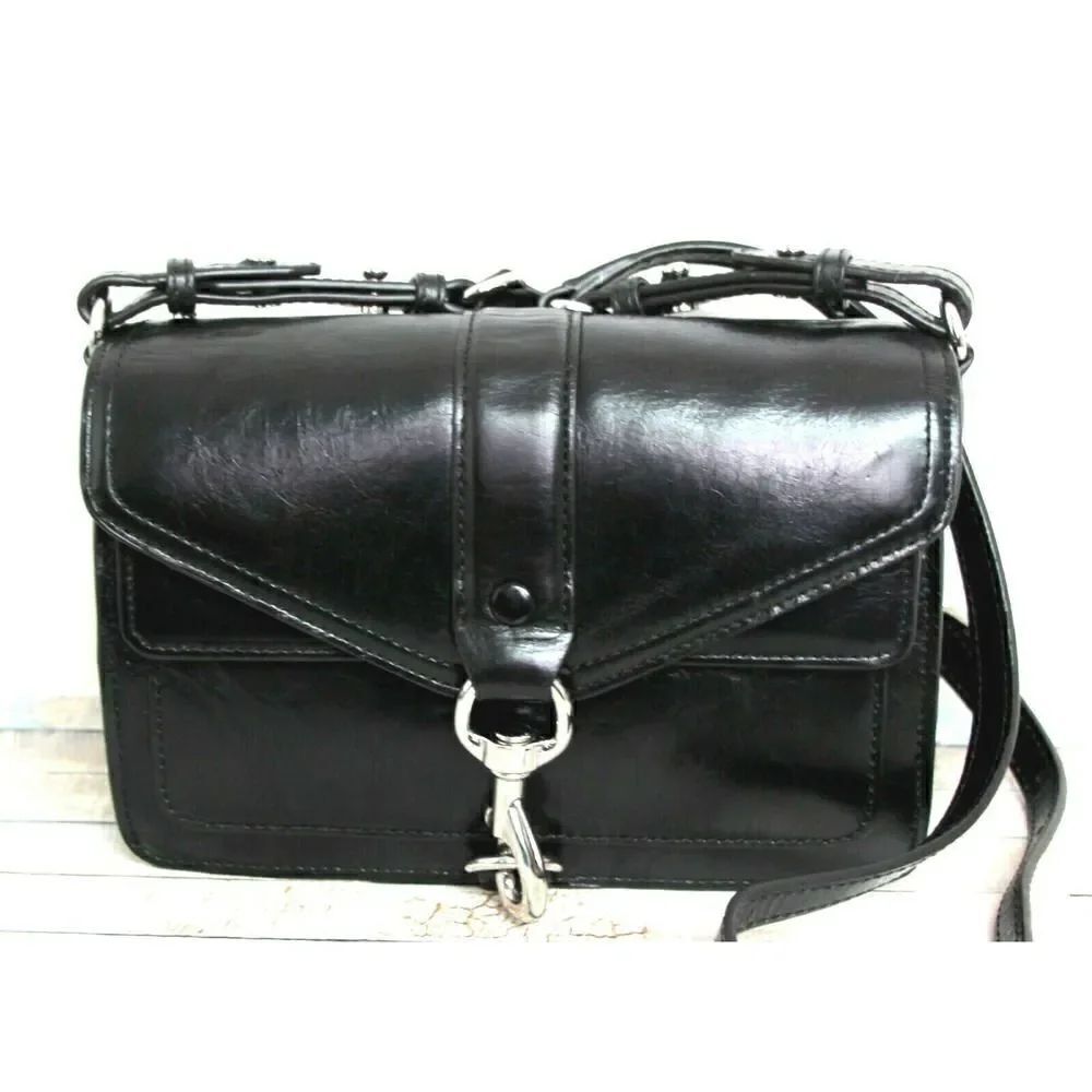 Rebecca Minkoff BLACK SADDLE LEATHER MULTI-COMPARTMENTS FLAP SHOULDER BAG X-BODY